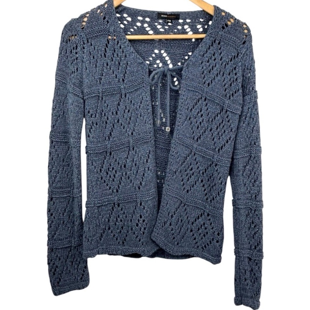 BCBG Maxazria Blue Crochet Knit Long Sleeve Single Tie Front Cardigan MP